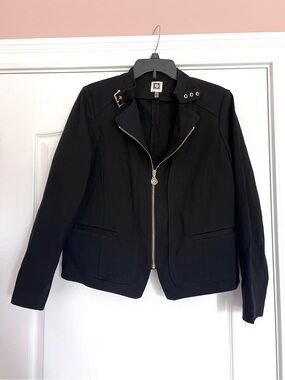 Anne Klein Black Zip-Front Blazer with Buckle Collar